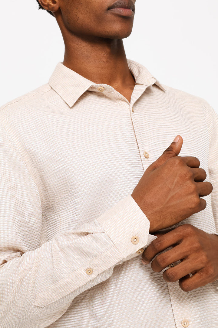 Long Sleeve Waffle Textured Shirt - Stone