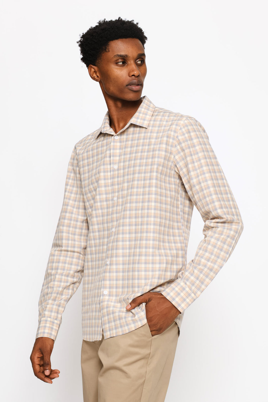 Long Sleeve Multi Check Printed Shirt - Cream