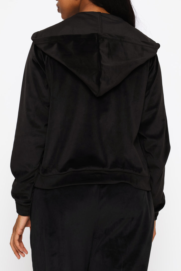 Zip Through Velour Hoody - Black