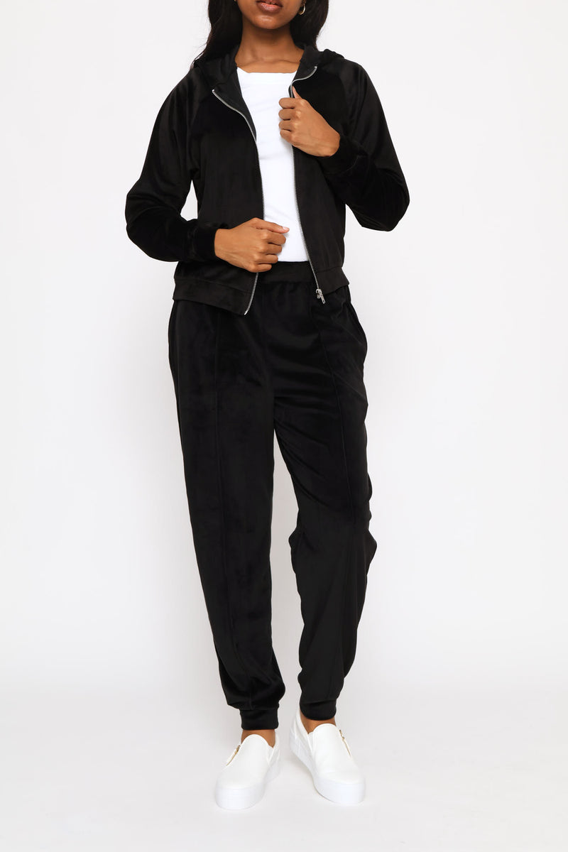 Zip Through Velour Hoody - Black