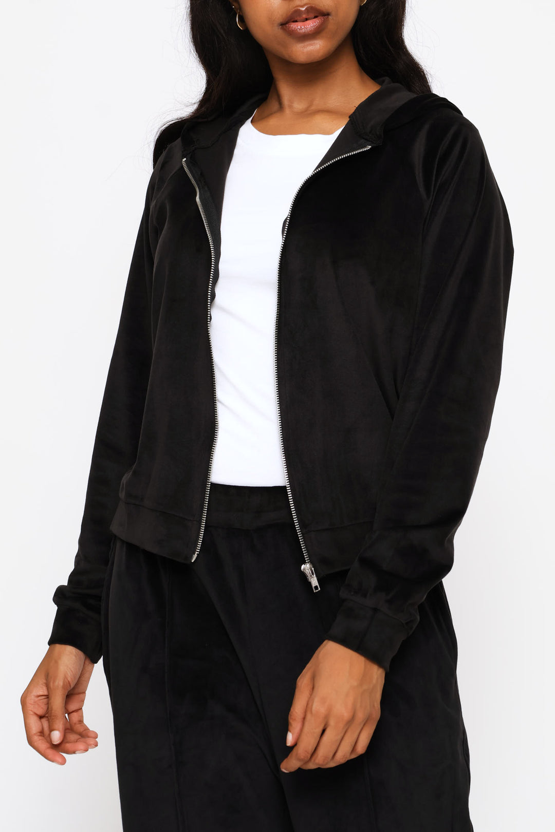 Zip Through Velour Hoody - Black