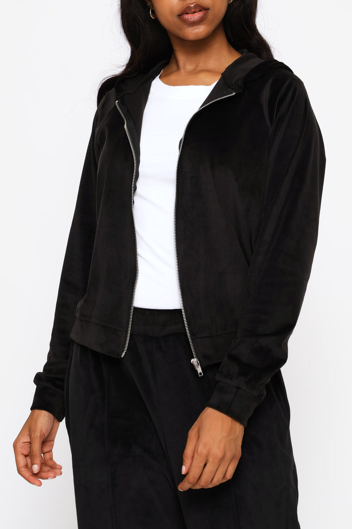 Zip Through Velour Hoody - Black