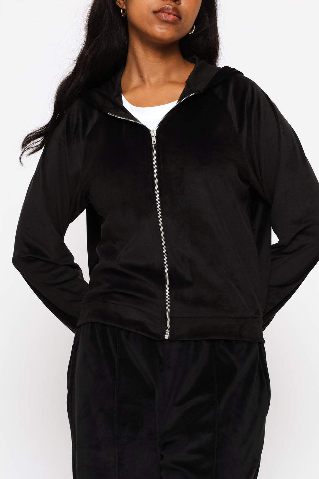 Zip Through Velour Hoody - Black