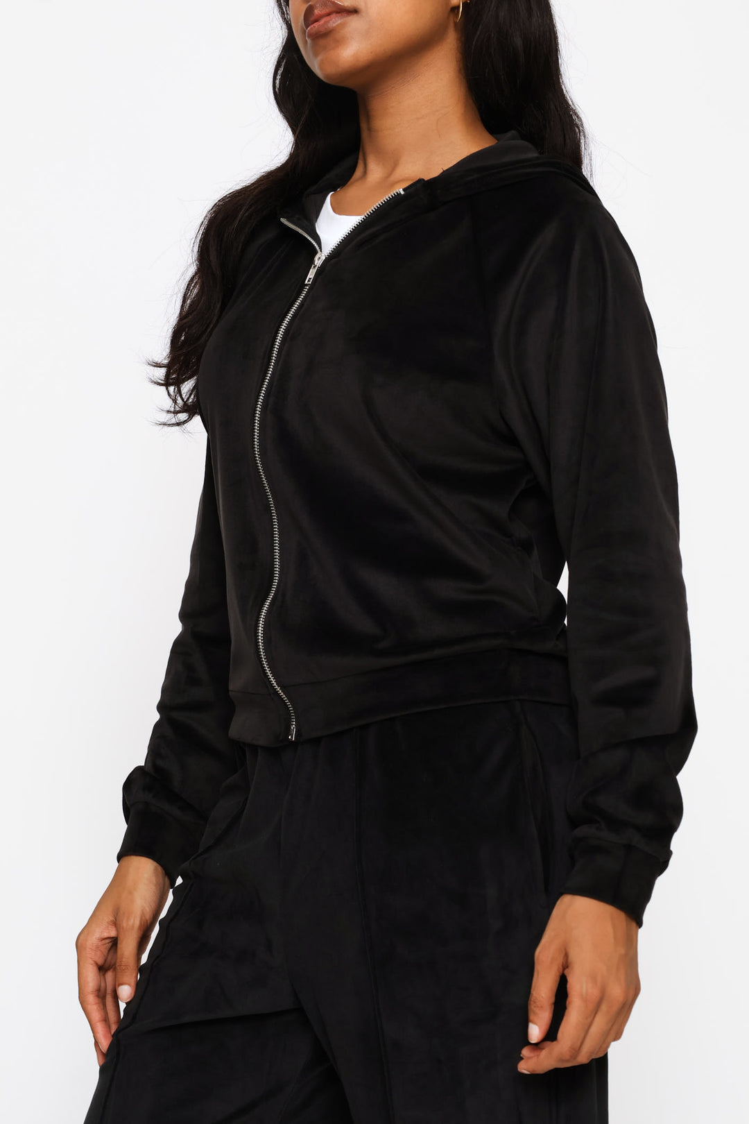 Zip Through Velour Hoody - Black