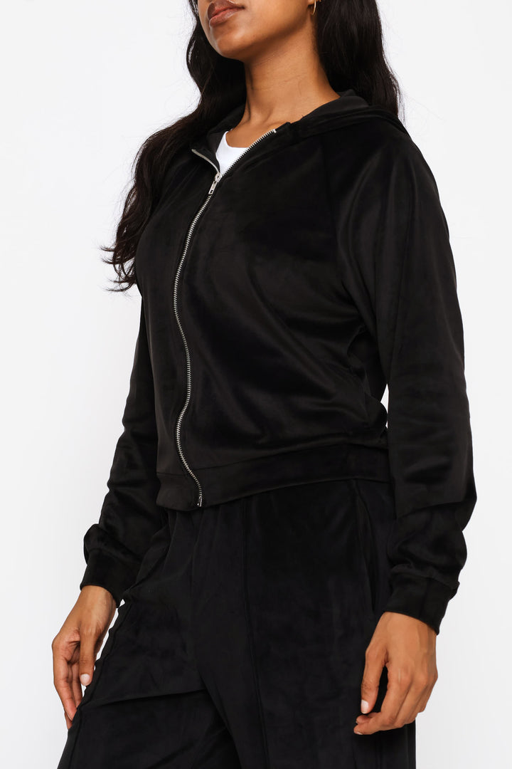 Zip Through Velour Hoody - Black