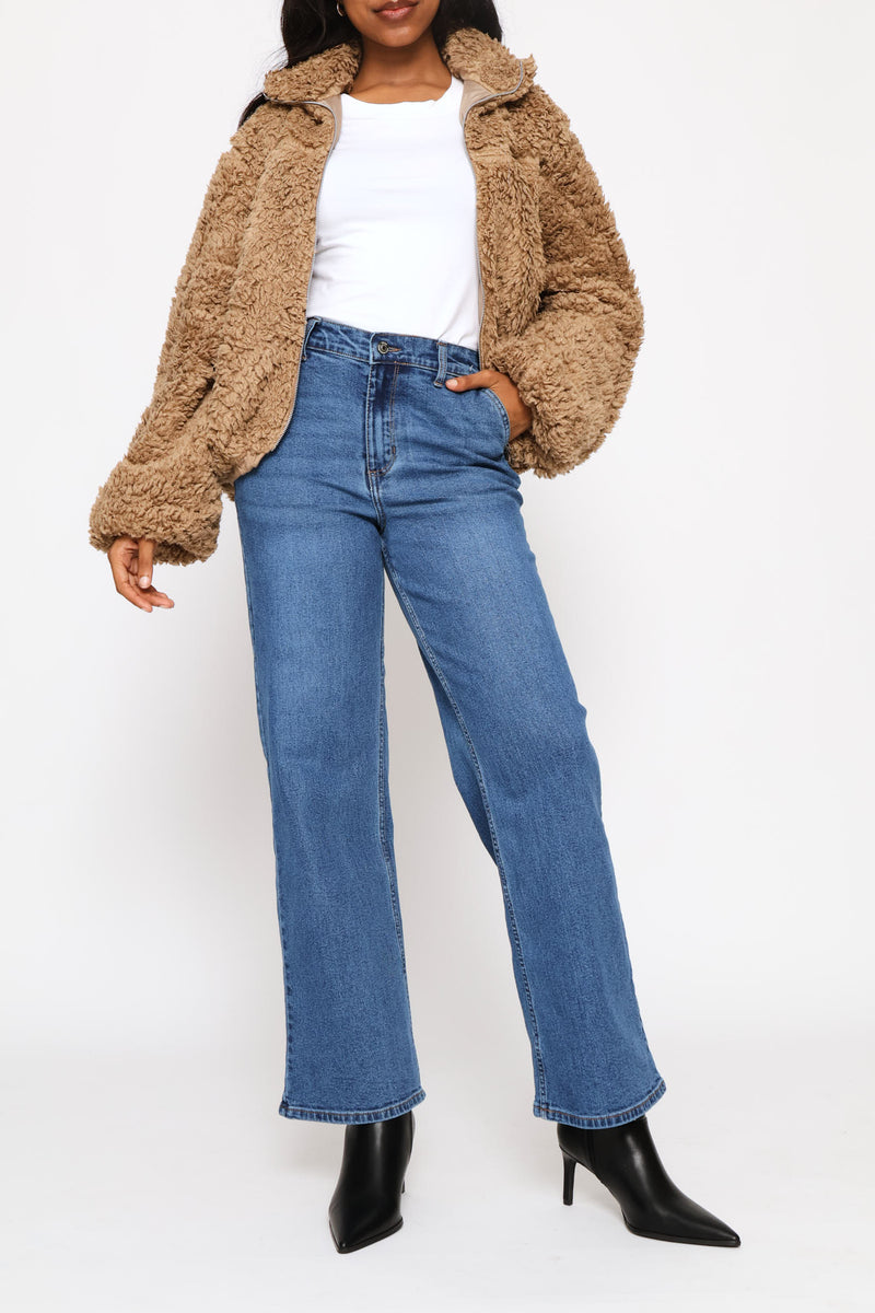 Mid-Rise Elasticated Waistband Wide Leg Denim - Dark Wash