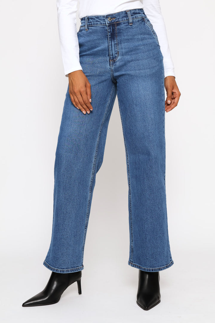 Mid-Rise Elasticated Waistband Wide Leg Denim - Dark Wash