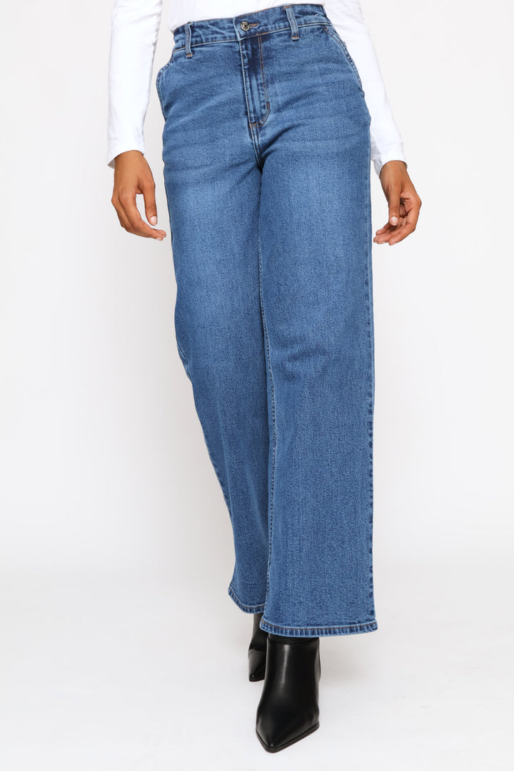 Mid-Rise Elasticated Waistband Wide Leg Denim - Dark Wash