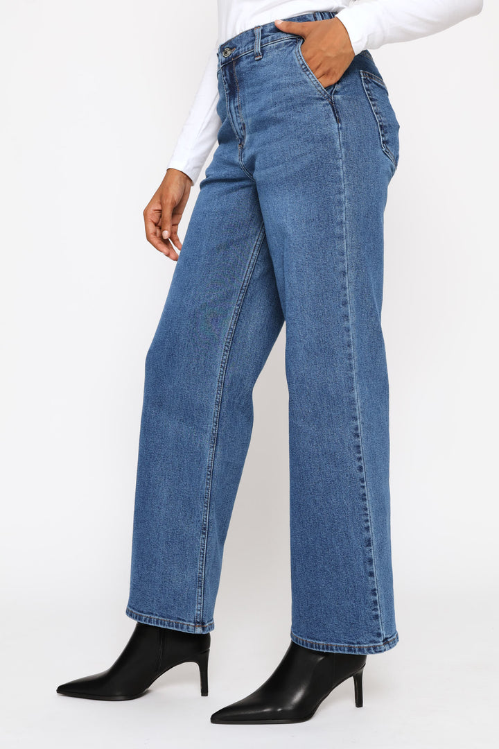 Mid-Rise Elasticated Waistband Wide Leg Denim - Dark Wash