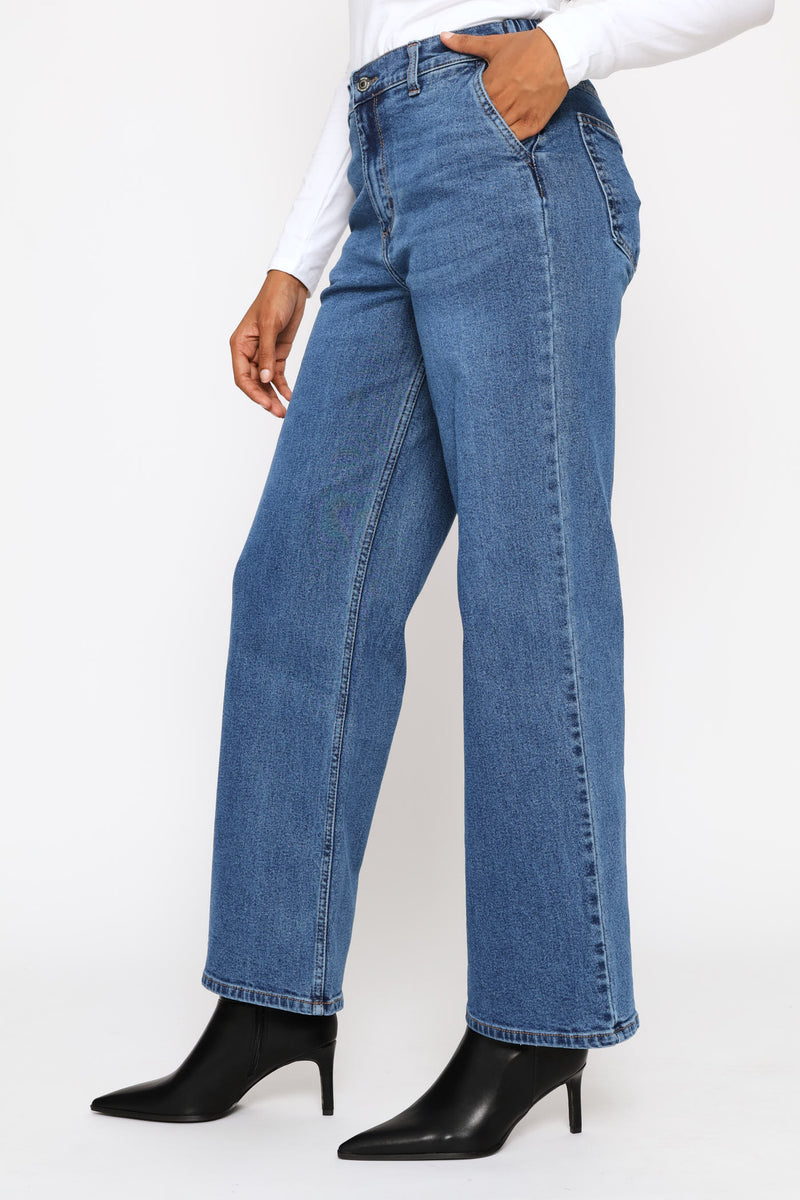 Mid-Rise Elasticated Waistband Wide Leg Denim - Dark Wash