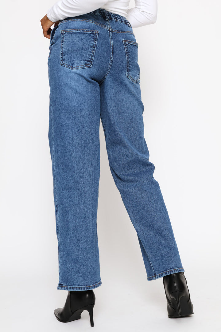 Mid-Rise Elasticated Waistband Wide Leg Denim - Dark Wash