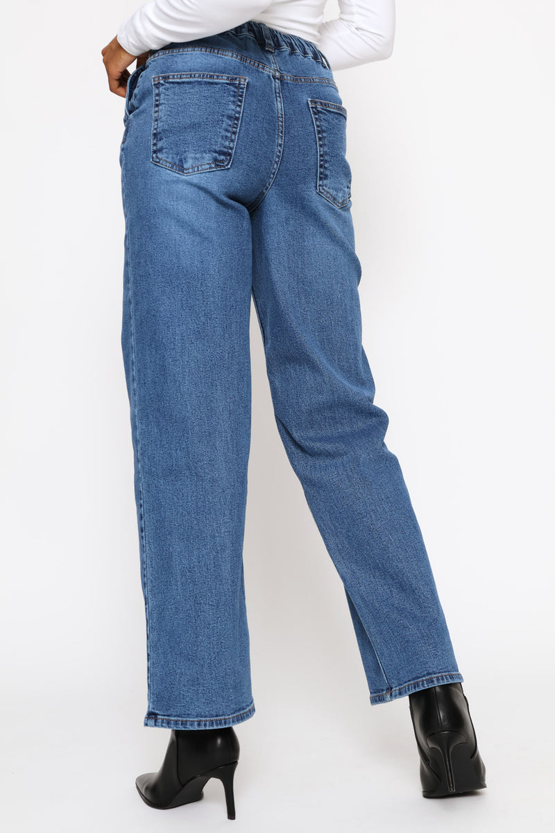 Mid-Rise Elasticated Waistband Wide Leg Denim - Dark Wash