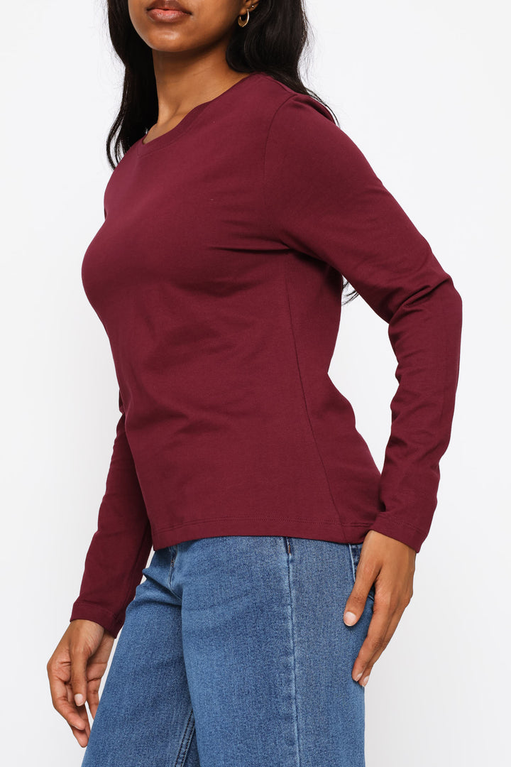 Long Sleeve Cotton Crew Tee - Plum