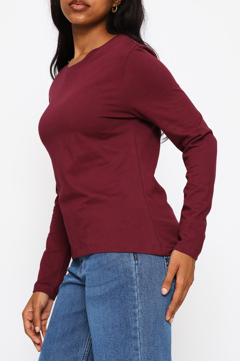 Long Sleeve Cotton Crew Tee - Plum
