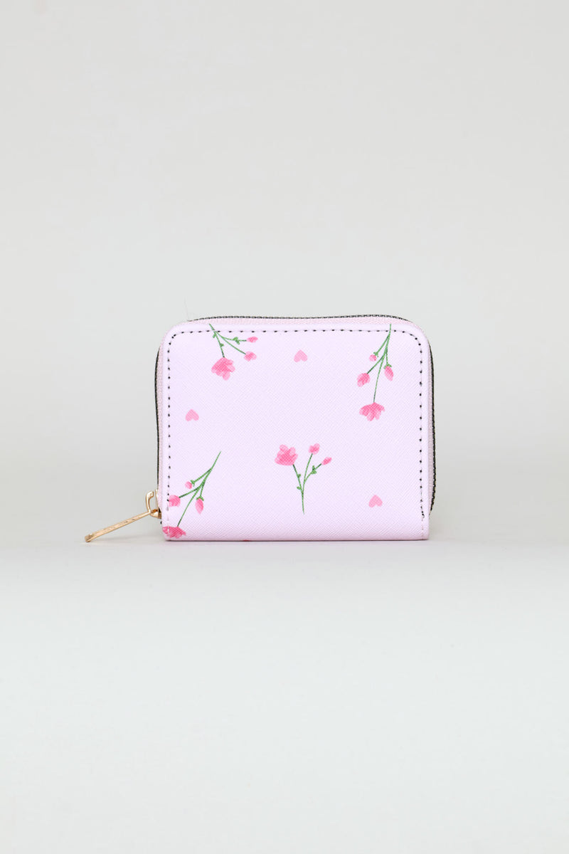 Floral Print Small Zip Around Purse - Light Pink