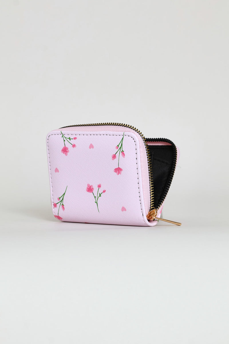 Floral Print Small Zip Around Purse - Light Pink