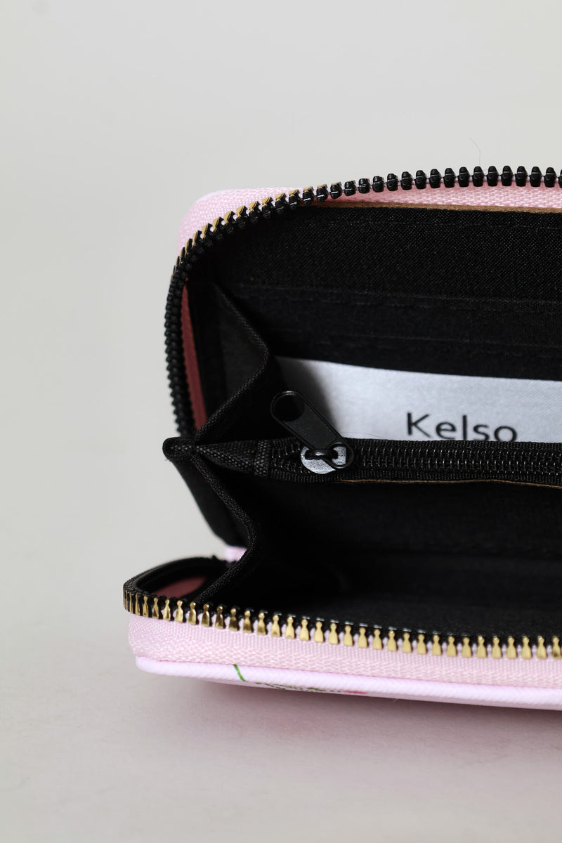 Floral Print Small Zip Around Purse - Light Pink
