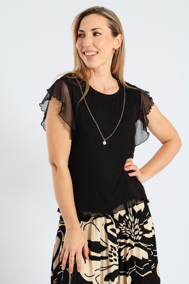 Flutter Sleeve Mesh Blouse - Black