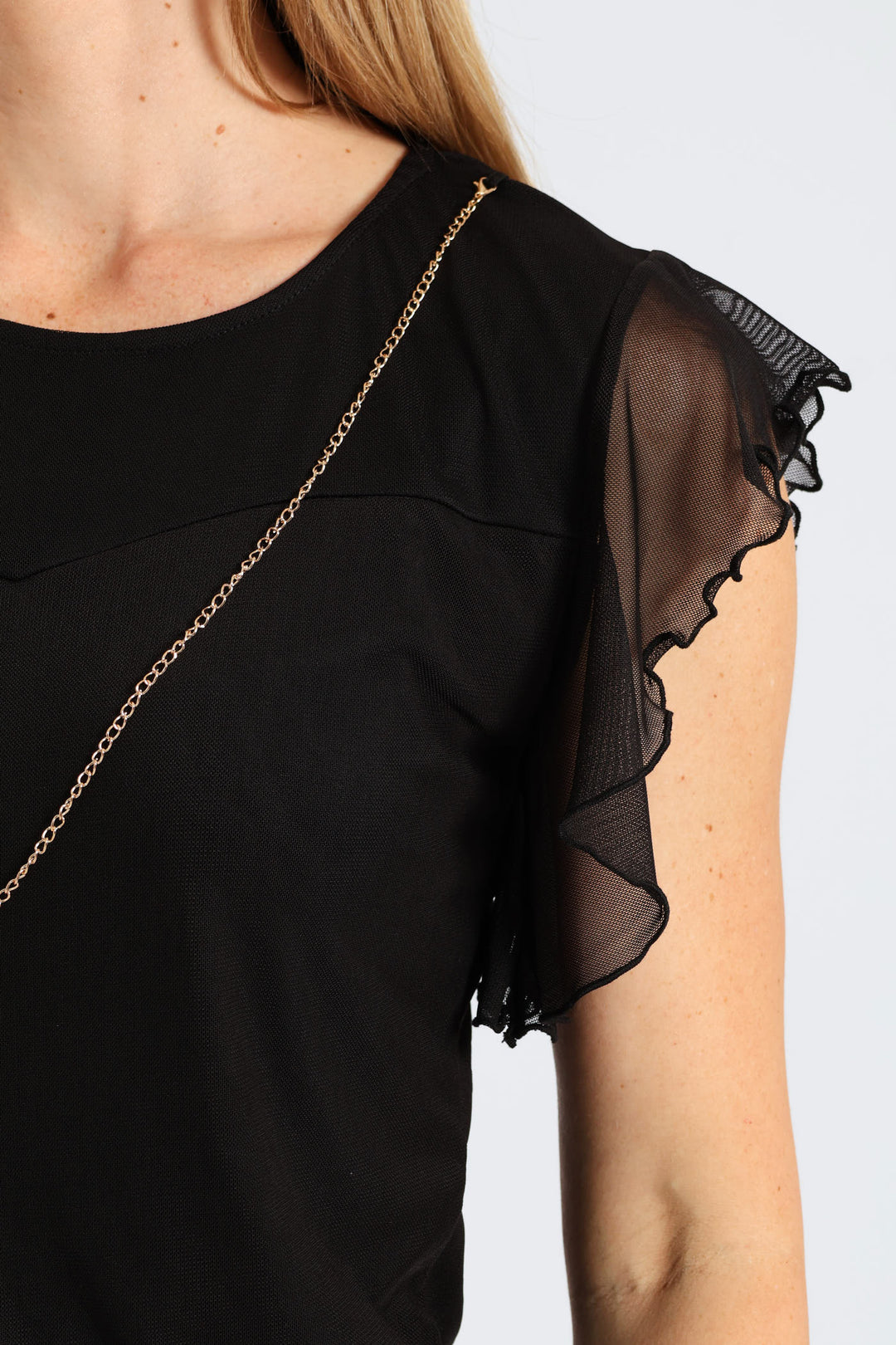Flutter Sleeve Mesh Blouse - Black