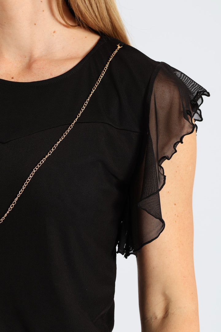 Flutter Sleeve Mesh Blouse - Black