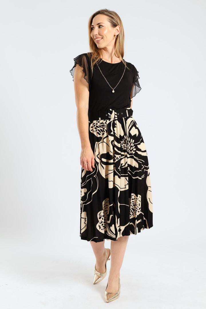 Floral Bold Pleated Midi Skirt - Black/Cream