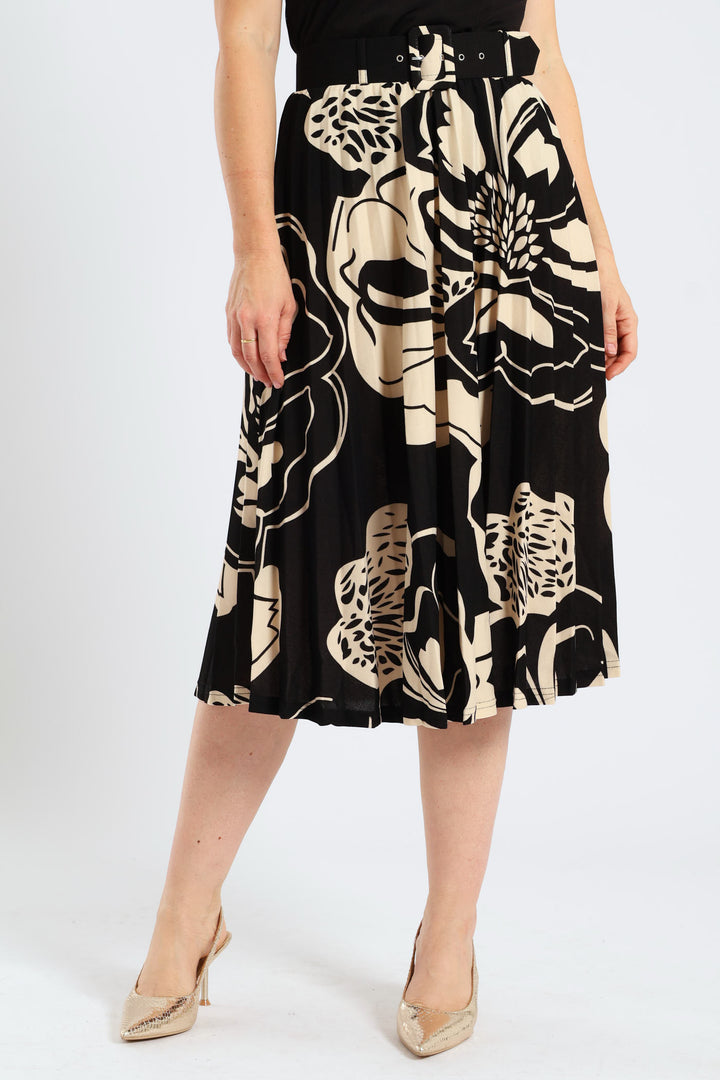 Floral Bold Pleated Midi Skirt - Black/Cream
