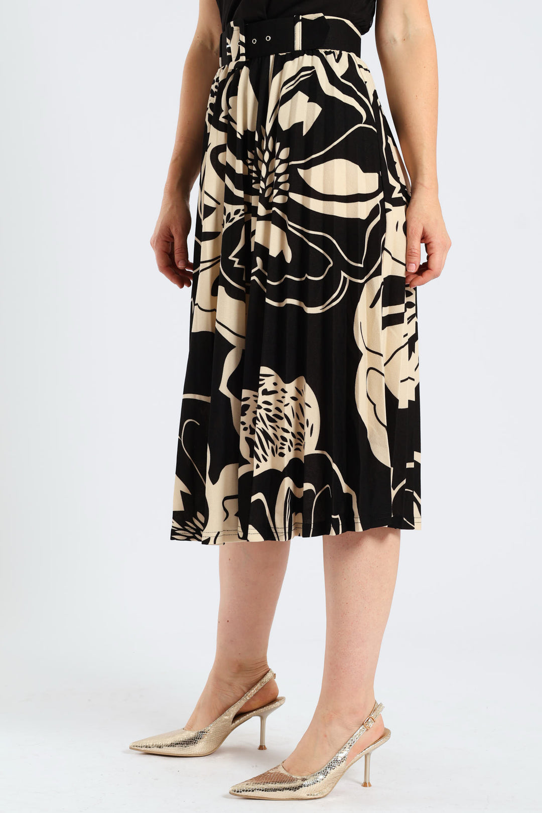 Floral Bold Pleated Midi Skirt - Black/Cream