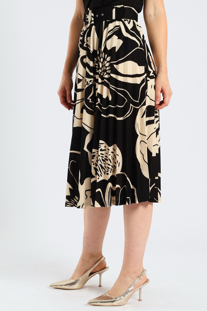Floral Bold Pleated Midi Skirt - Black/Cream