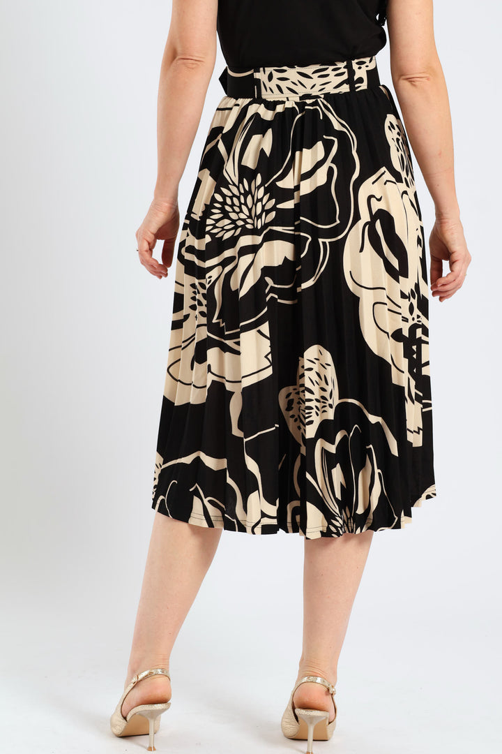 Floral Bold Pleated Midi Skirt - Black/Cream