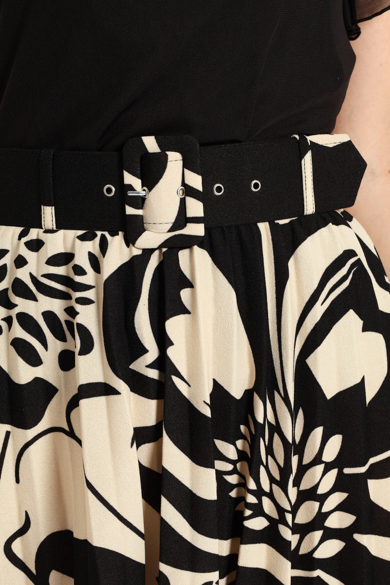 Floral Bold Pleated Midi Skirt - Black/Cream