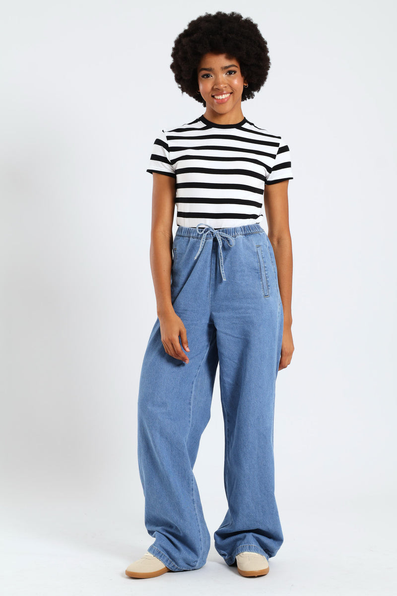 Drawcord Wide Leg Denim - Mid Blue