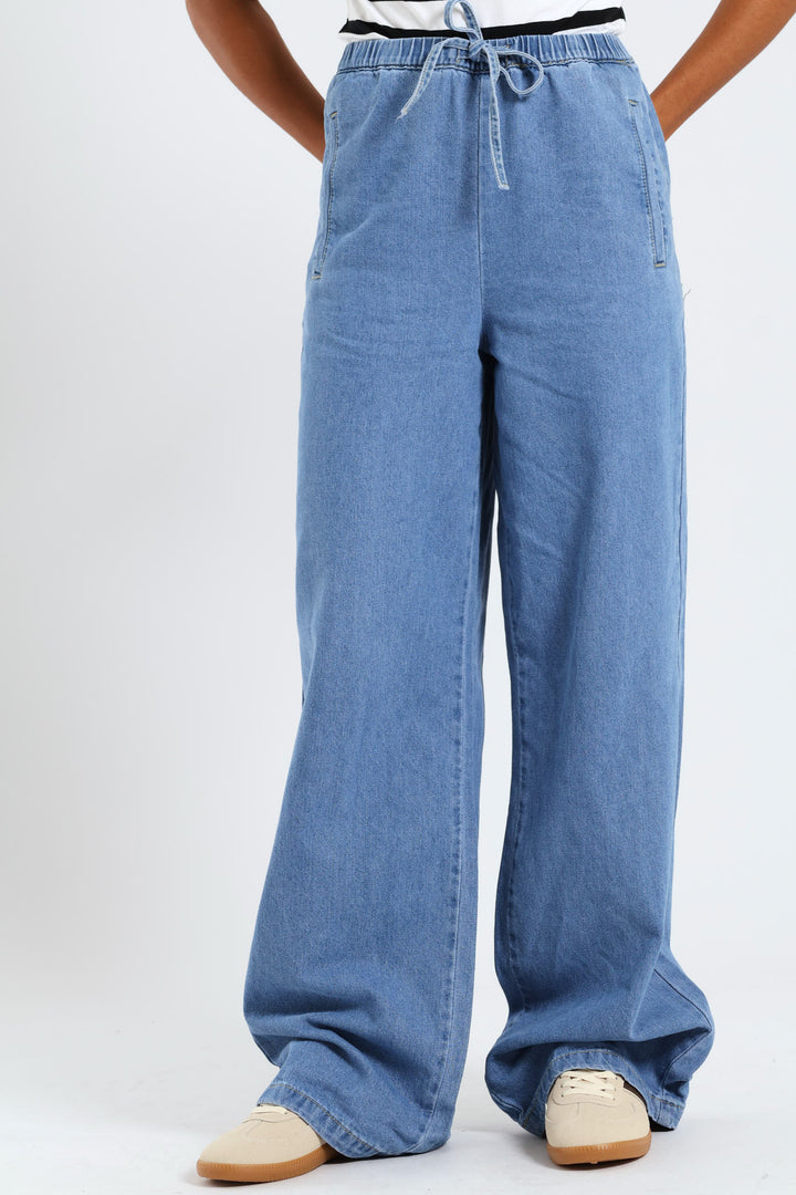 Drawcord Wide Leg Denim - Mid Blue