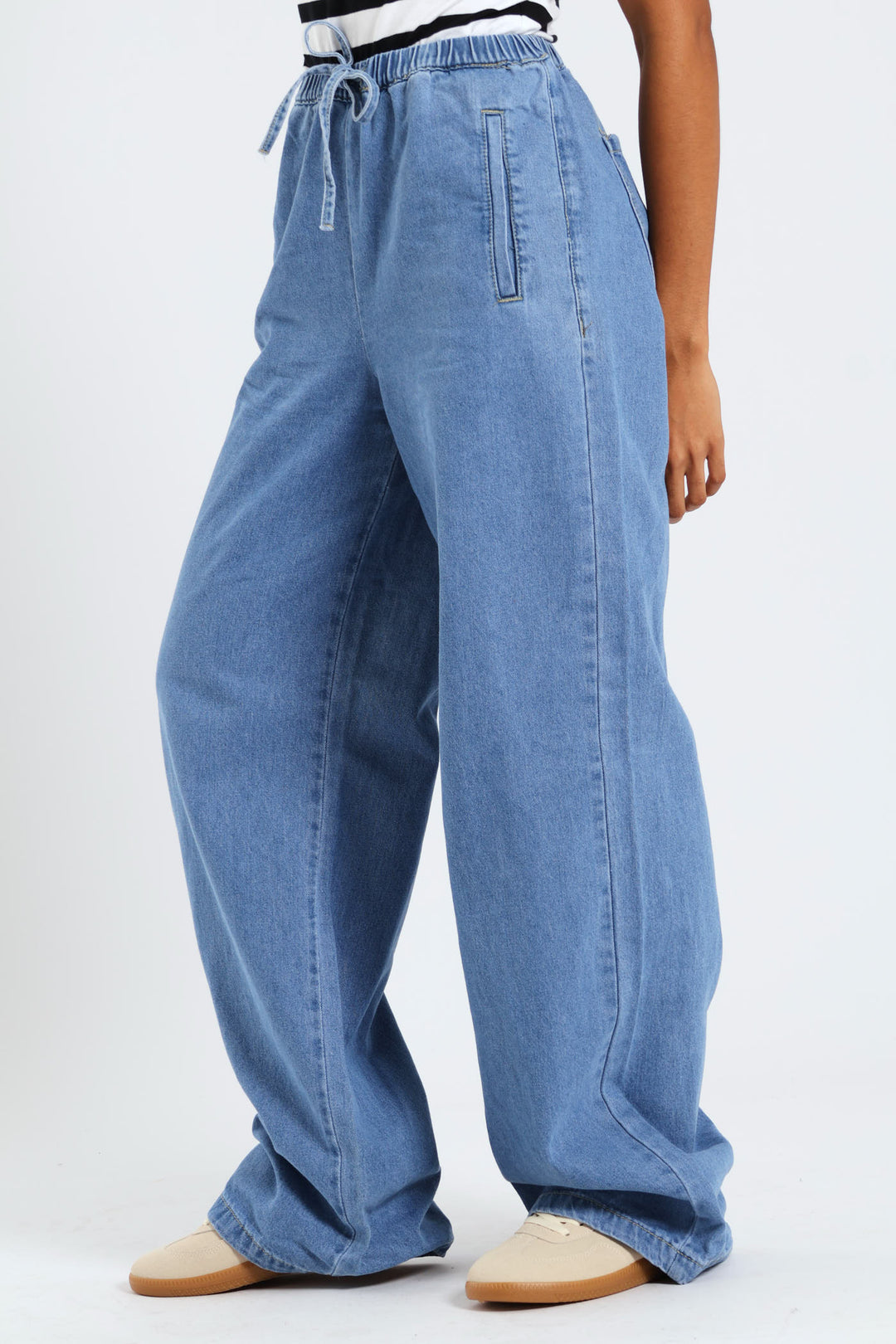 Drawcord Wide Leg Denim - Mid Blue