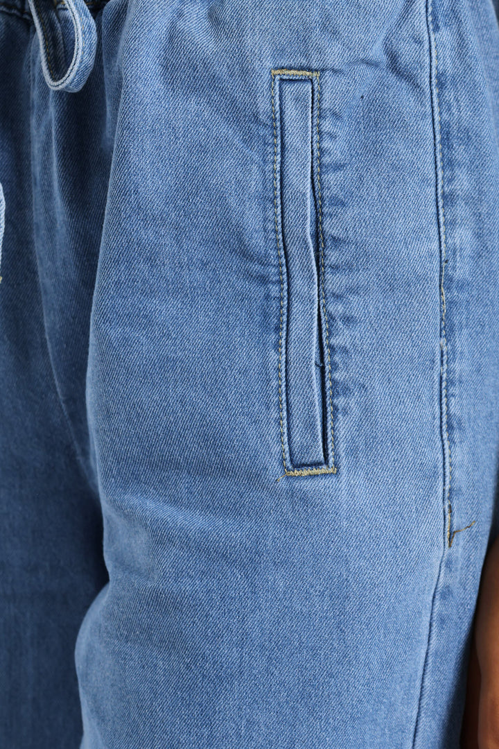 Drawcord Wide Leg Denim - Mid Blue