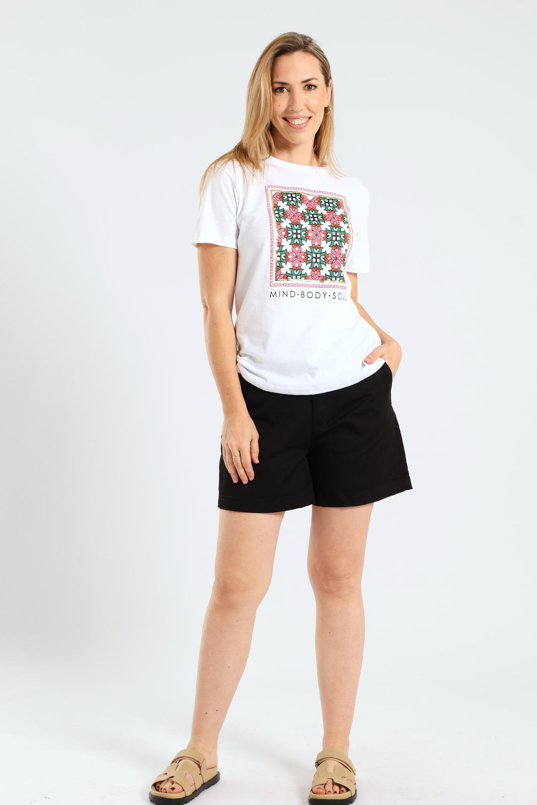 Mind Body Soul Geometric Floral Frame Foil Tee - White