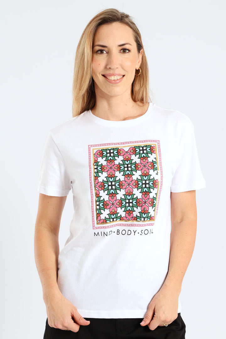 Mind Body Soul Geometric Floral Frame Foil Tee - White