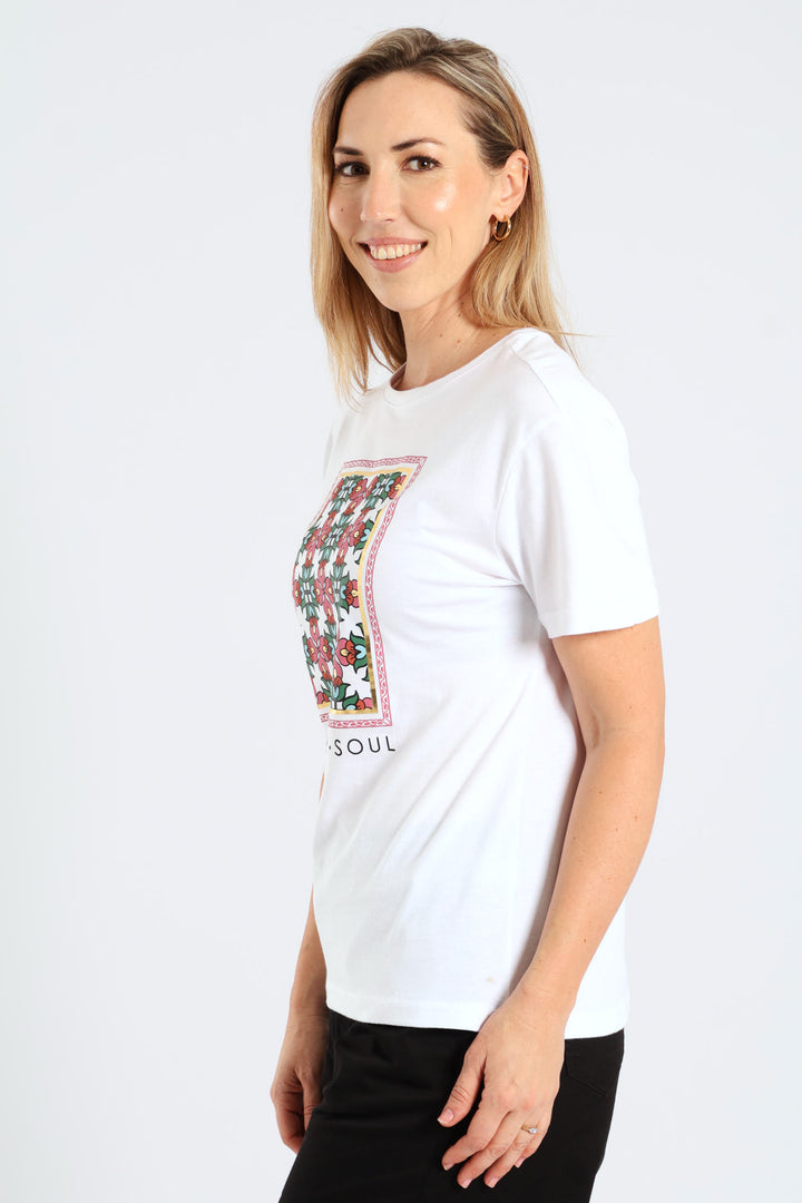 Mind Body Soul Geometric Floral Frame Foil Tee - White