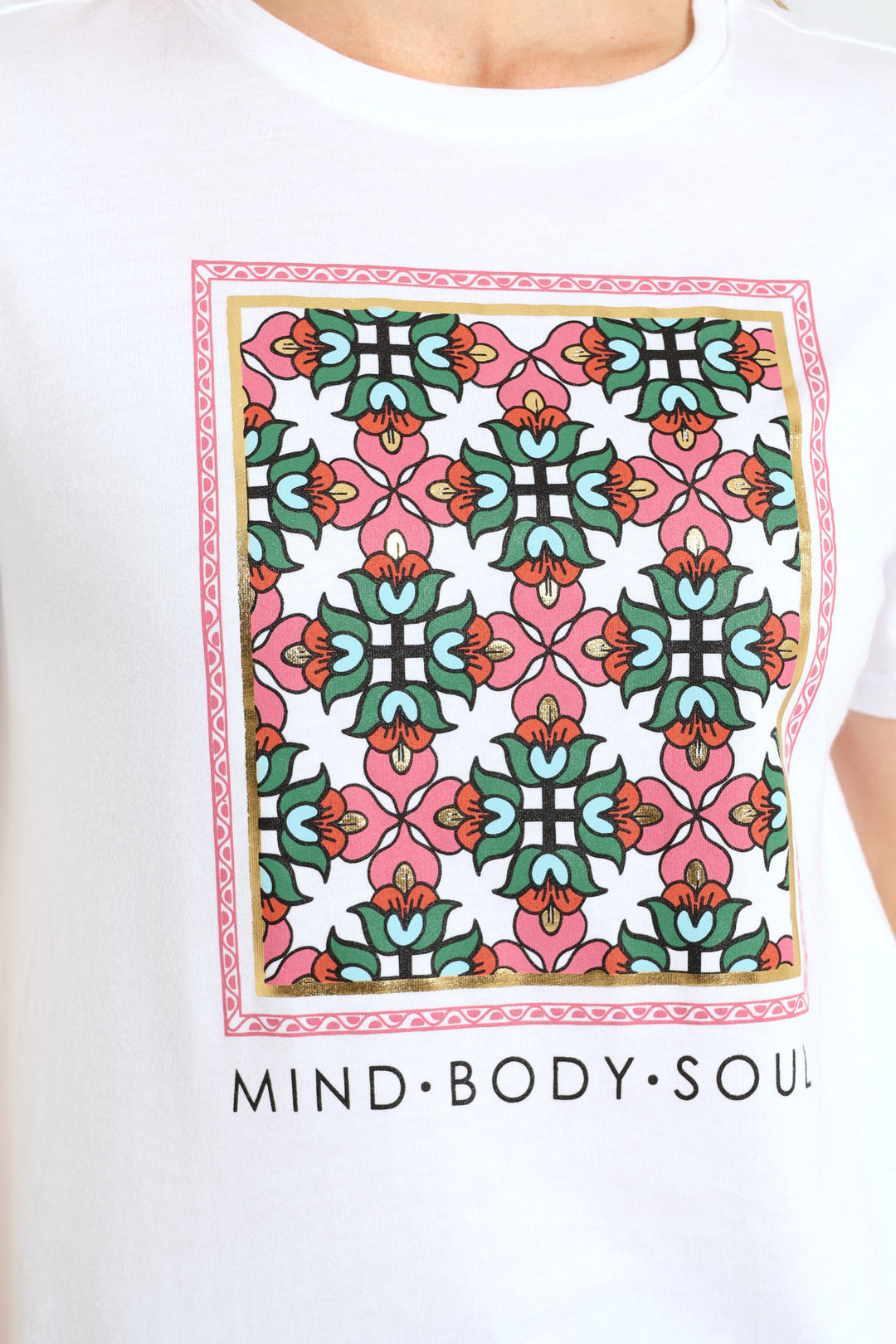 Mind Body Soul Geometric Floral Frame Foil Tee - White