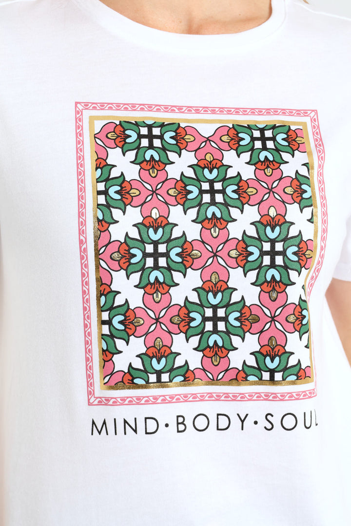 Mind Body Soul Geometric Floral Frame Foil Tee - White
