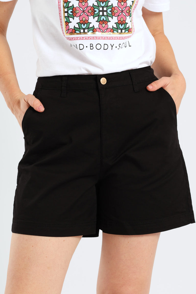 Stretch Sateen Mid Thigh Chino Short - Black