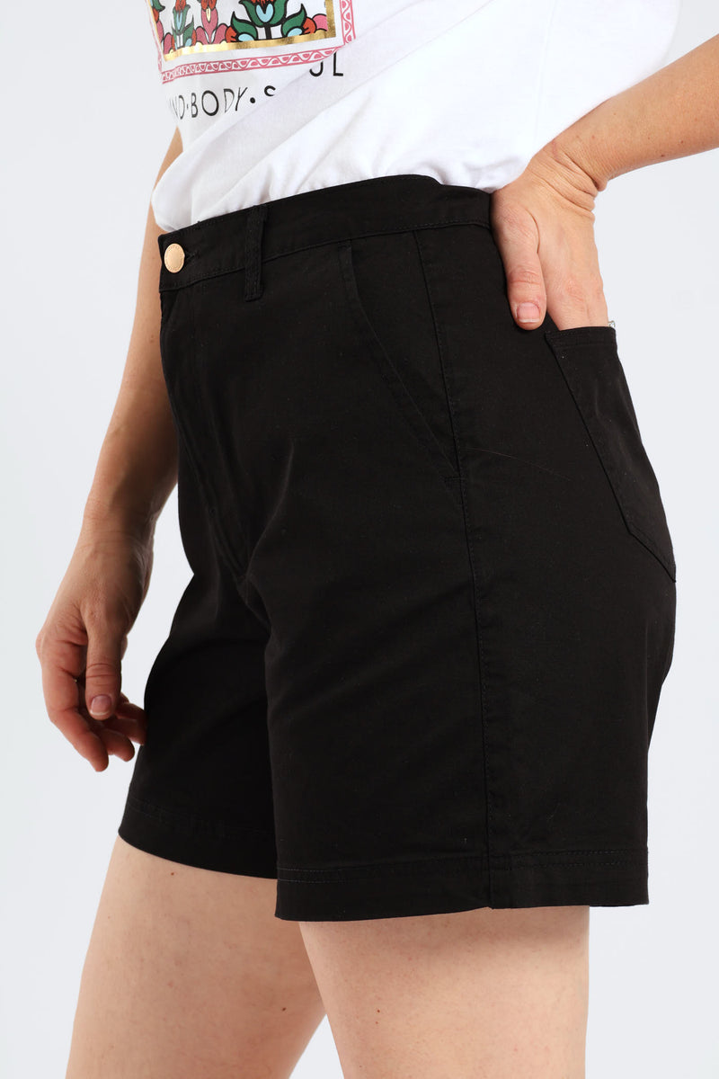 Stretch Sateen Mid Thigh Chino Short - Black
