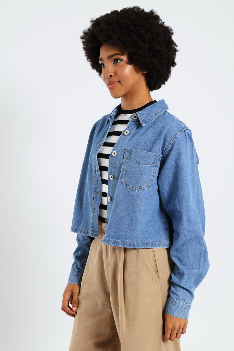Button Through Denim Shirt - Mid Blue