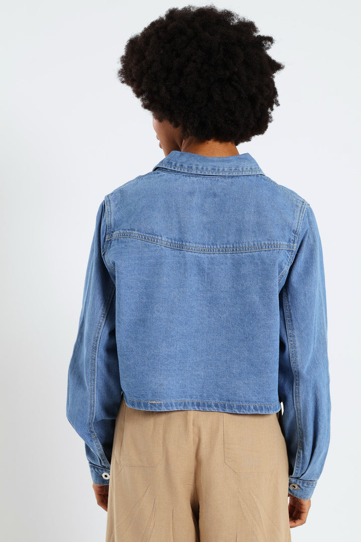 Button Through Denim Shirt - Mid Blue