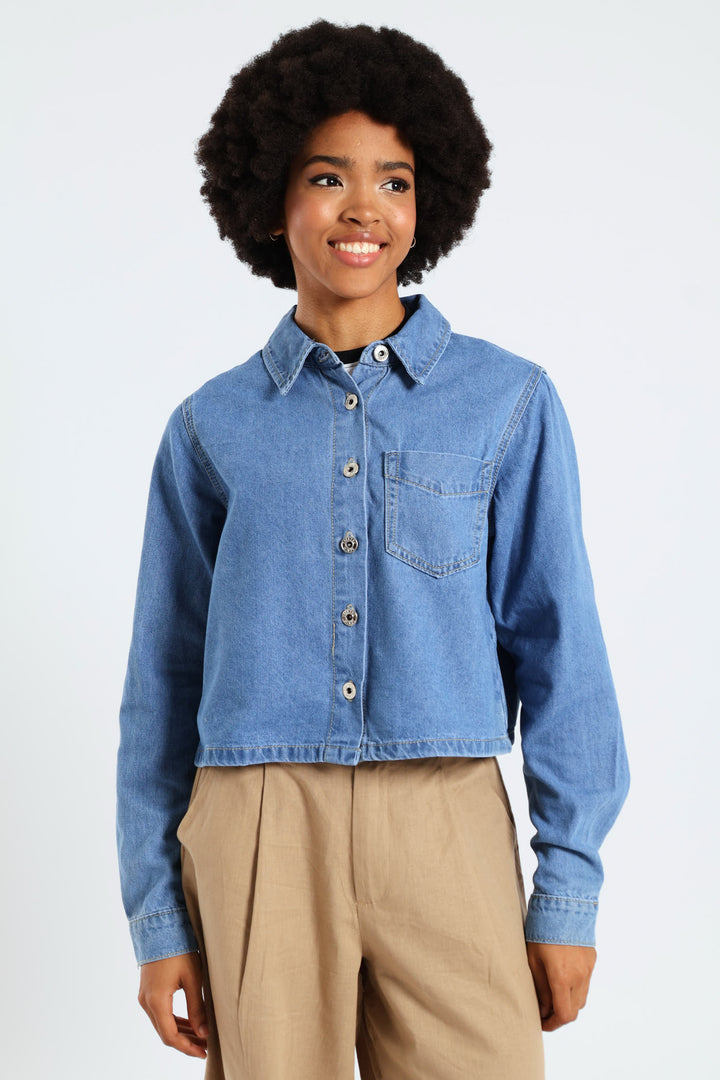 Button Through Denim Shirt - Mid Blue