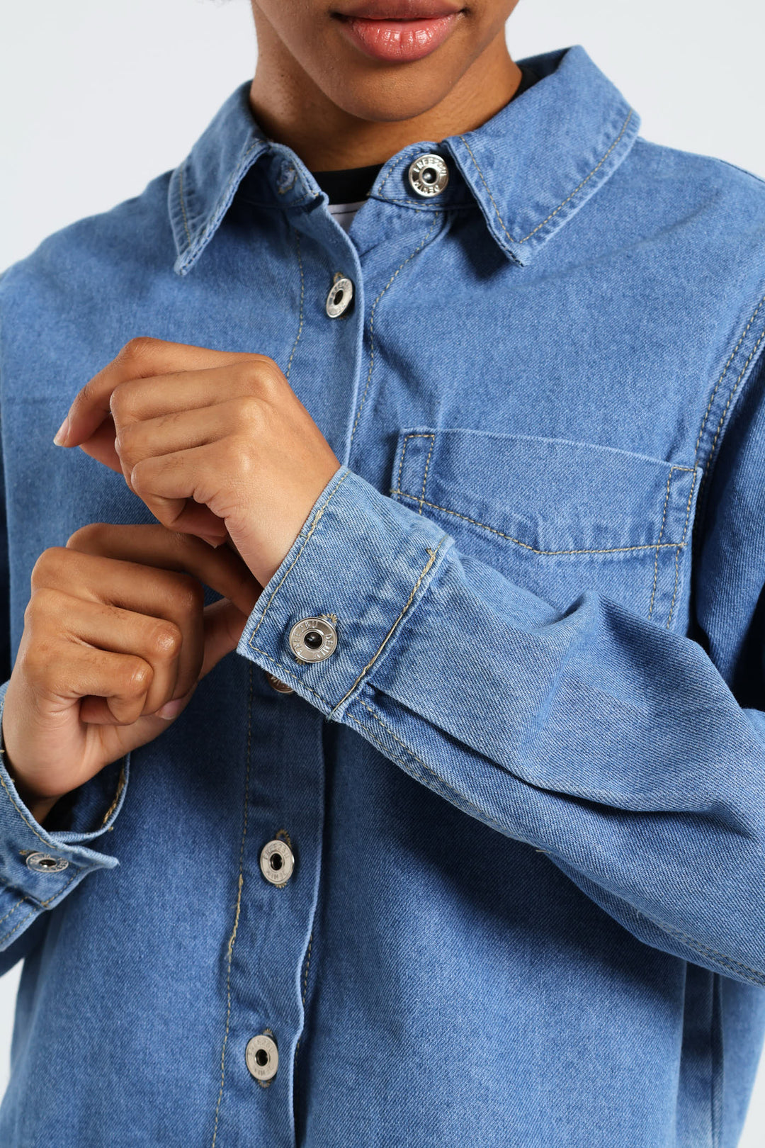Button Through Denim Shirt - Mid Blue