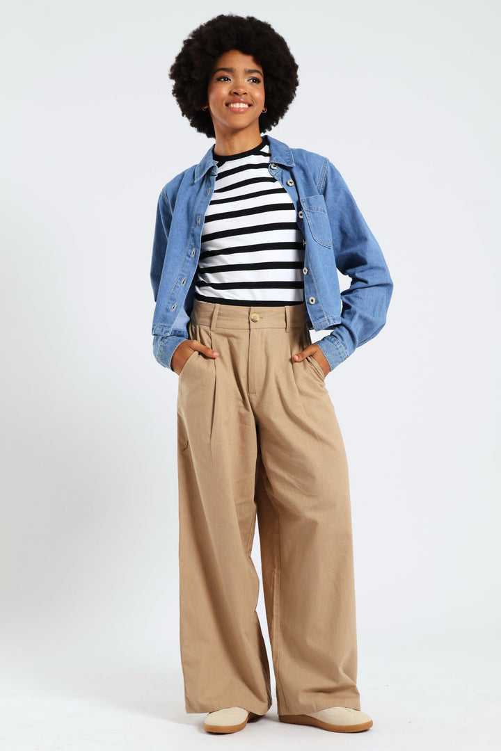 Linen Tailored Wide Leg Pants - Tan