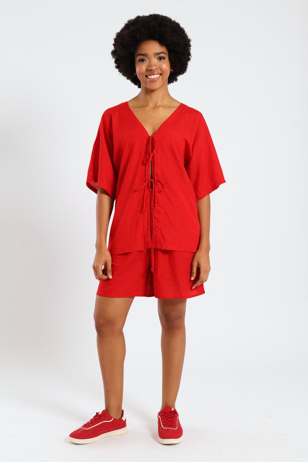 Oversized Tie Front Shirt - Red