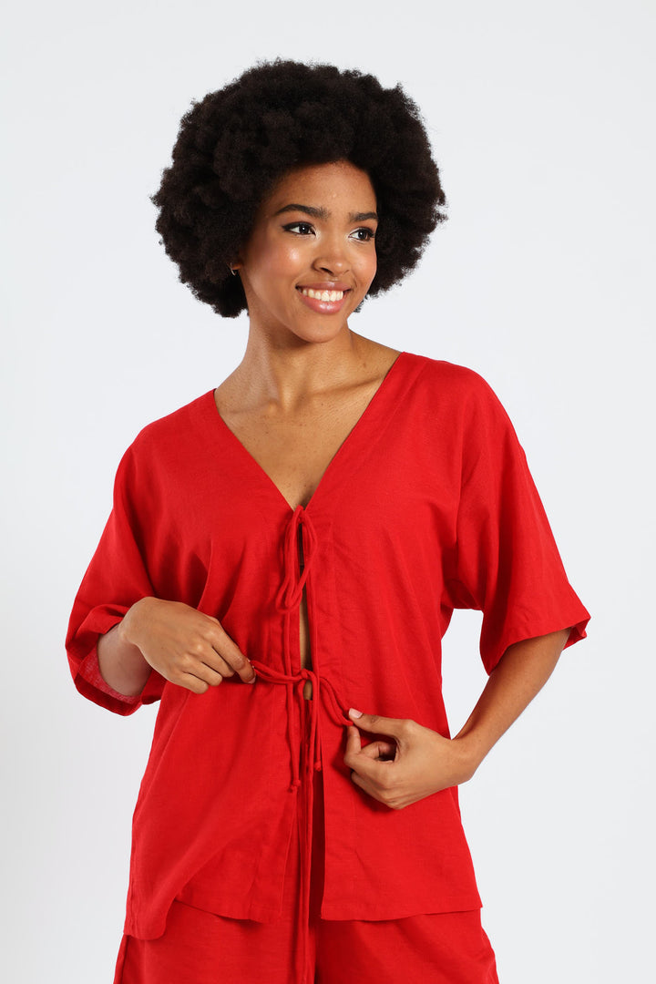 Oversized Tie Front Shirt - Red