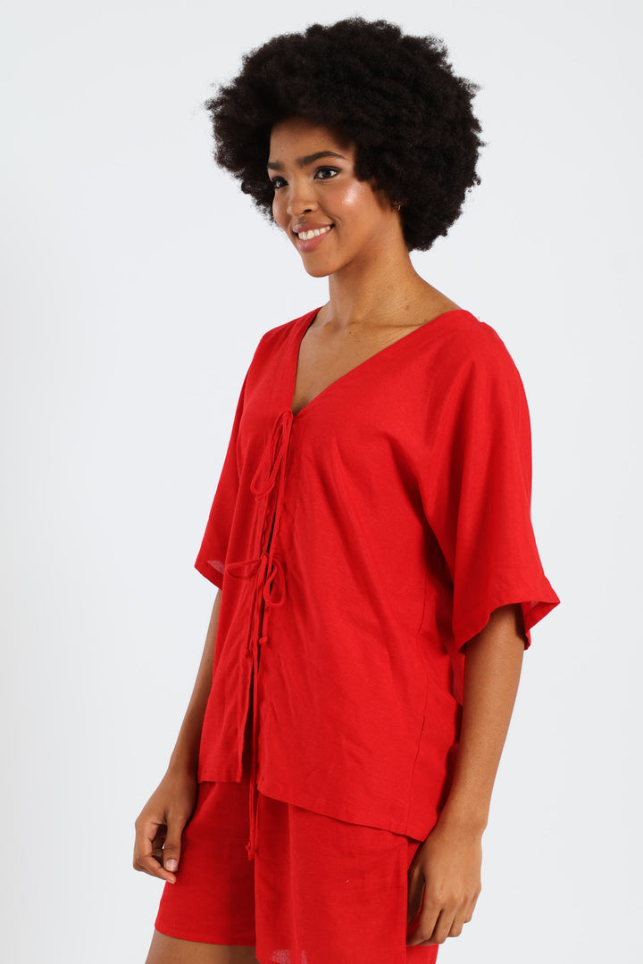 Oversized Tie Front Shirt - Red