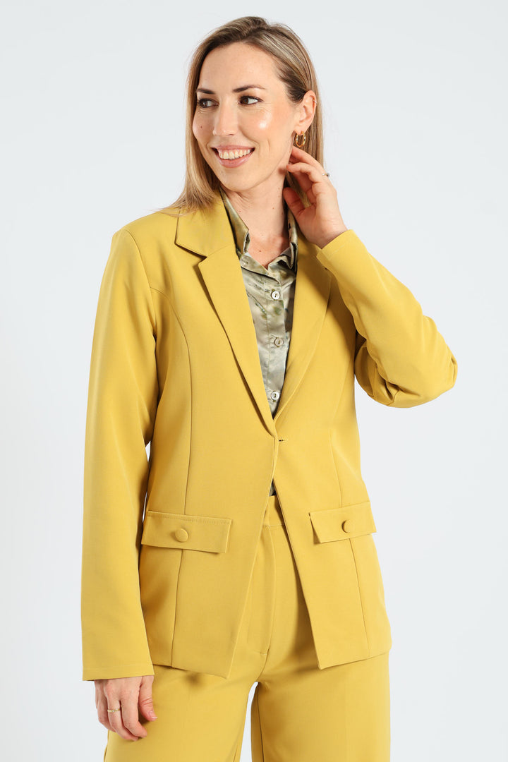 Button Pocket Notch Hem Blazer - Mustard